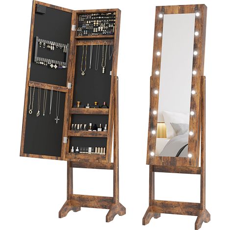 Freestanding Mirrored Jewellery Storage Cabinet - Wood-Effect