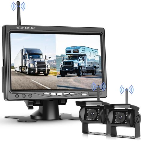 7 Inch Wireless Digital Reversing Camera Kit with HD Screen Monitor with 2 Cameras, Blind Spot Alarm, IP68 Waterproof Night Vision, Rear View Camera for Car/Truck/Bus/Trailer (1/5)