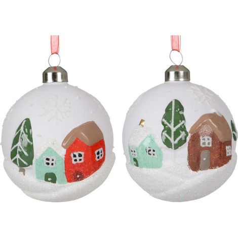 Sfera Natalizia con Decoro Casetta - In Vetro 8 cm Colori Assortiti