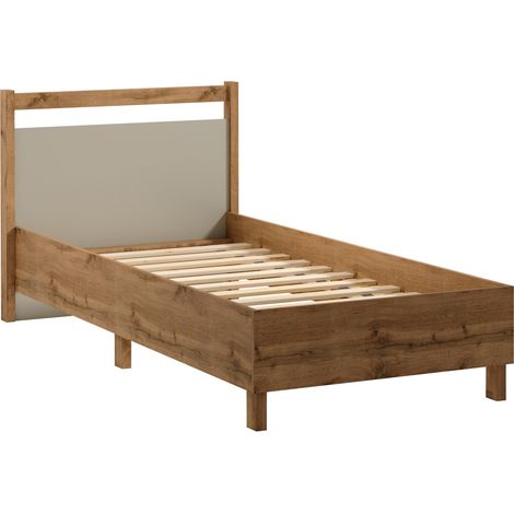 Cama Venmelu 107, Roble wotan + Beige, Individuales, 90x200, Madera, Aglomerado laminado, Somieres, 102x208x92cm (1/2)
