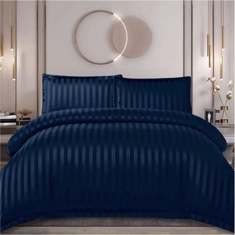 VELUXIO HOME DAMASK Parure de lit 4 pièces avec élastique, modèle bleu marine, drap-housse 180x200, housse de couette 200x230, 2 taies d'oreiller 55x80 (1/5)