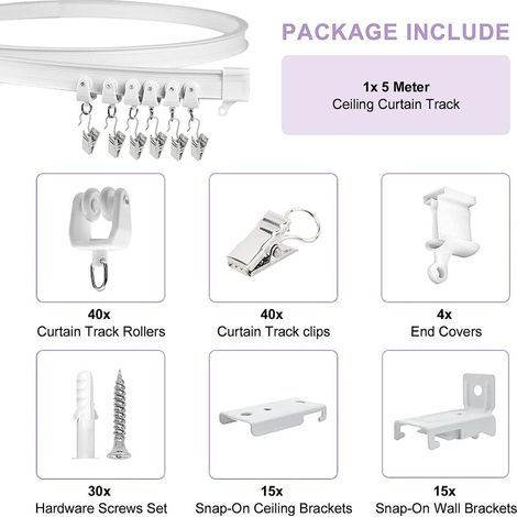 Ensemble de clips de rail incurvés en plastique PVC de 5 mètres pour rideaux, comprenant des accessoires, des rails flexibles en forme de U et de L. (1/5)