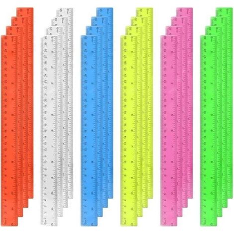 Set mit 24 transparenten und farbigen 30 cm (12 Zoll) langen Kunststofflinealen mit Zoll- und metrischen Markierungen für Schulen und Schüler (1/5)