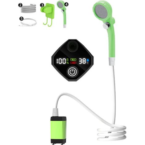 Pompe de douche électrique portable rechargeable (6000 mAh, verte) pour le camping et l'extérieur, avec affichage numérique intelligent. (1/4)