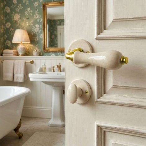 Ouvre&Déco – 2 poignées de porte LIZON verrou condamnation porte salle bain WC, Rosace ronde, Design Classique Chic, Porcelaine craquelé, Coude aspect or