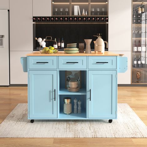139x46(71)x91,5 cm großer Esswagen/Anrichte, Korpus Blau + Arbeitsplatte in Massivholzmaserung, klappbare Arbeitsplatte, Ablagetür, Rollen, auswechselbare Massivholzfüße, geeignet für Esszimmer, Küche (1/5)