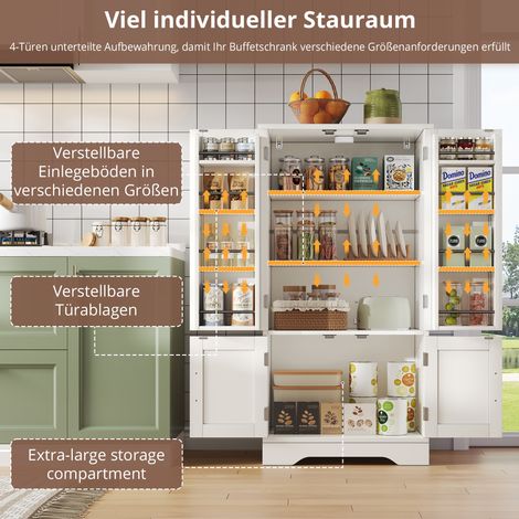 Armoire de cuisine 120x60x40cm avec éclairage LED à détecteur, grand meuble de rangement 4 portes, étagères réglables et compartiments de porte – idéal pour cuisine, salle à manger ou salon, blanc (1/5)
