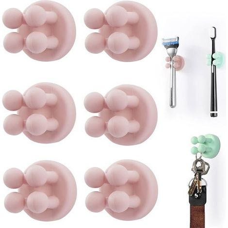 Set of 6 silicone toothbrush holders with multi-function hook, self-adhesive for wall mounting, in pink. (1/5)