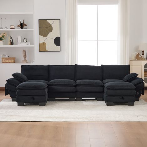 Canapé modulaire 4 places en velours côtelé avec 2 poufs, noir, USB-C et poches latérales (1/5)