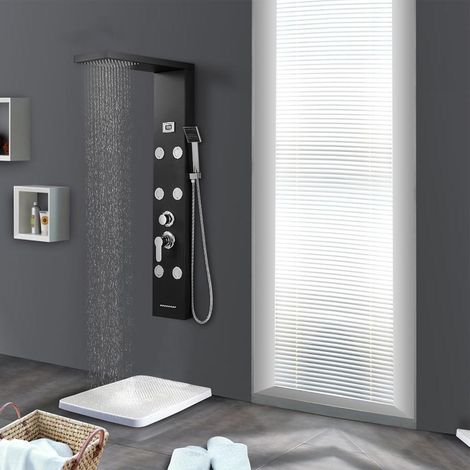 Auralum Columna de Hidromasaje Panel de Ducha 4 Función con Ducha de Lluvia+Ducha de Mano+Cascada de ducha+6 Jet de masaje con Pantalla LCD