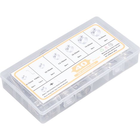 Set mit 40 Schlauchschellen, 6–29 mm, 5 Ausführungen, Edelstahl, Zubehörset für Rohre und Schläuche (1/5)