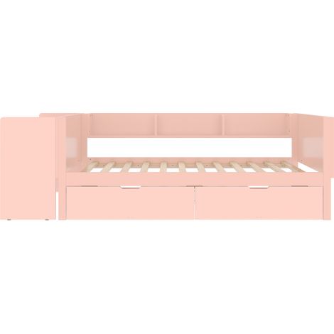 Lit simple 90x200 cm avec bureau, 2 tiroirs et étagères, pin et panneau, rose (1/5)
