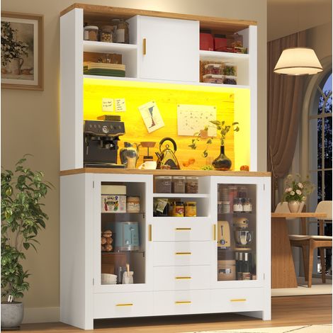 Madia 120 x 40 x 188 cm con LED, 4 ante, 6 cassetti, bianco effetto legno HAVRYA (1/5)