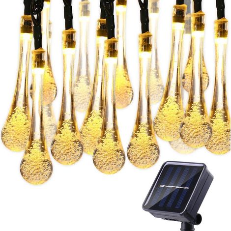 Guirlande lumineuse solaire d'extérieur, 6 m, 30 LED, étanche, forme de goutte d'eau, éclairage décoratif d'ambiance (blanc chaud) (1/3)
