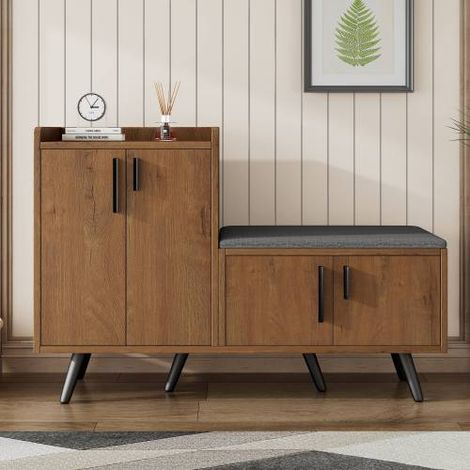 Banc à chaussures moderne en imitation bois, meuble à chaussures avec 4 portes de rangement et poignées métalliques asymétriques, pratique et esthétique pour couloir (1/3)
