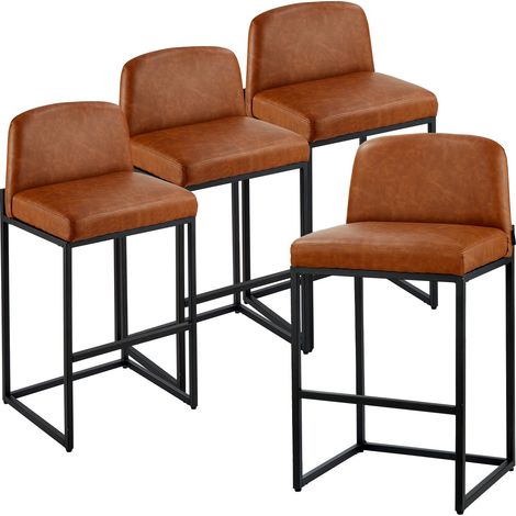 Tabouret de bar, lot de 4, chaise de bar en cuir PU confortable, 680 mm de haut, siège de cuisine avec dossier et pieds en métal, sans accoudoirs, pour cuisine et salle à manger, marron (1/5)