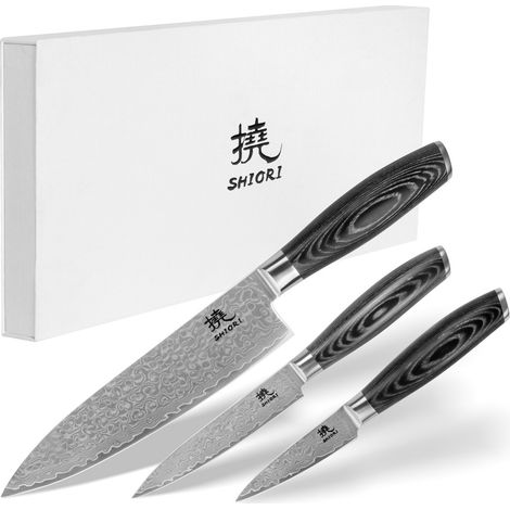 Shiori 3-Set 撓 Kuro V2 Shōto + Murō + Sifu: un juego de tres cuchillos de acero de Damasco (1/5)