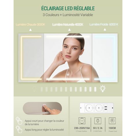 Coiffeuse enfant avec grand miroir HD 105x51,5 cm – Éclairage LED tricolore réglable – 8 tiroirs de rangement – Support pour sèche-cheveux — vue 4