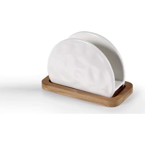 PORTATOVAGLIOLI IN CERAMICA BIANCA CON BASE DI LEGNO 14 X 7 X H9 CM