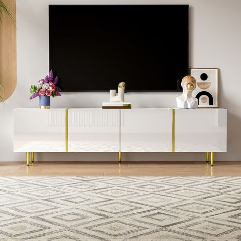 Meuble TV laqué blanc 4 portes moderne épuré