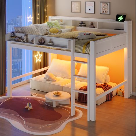 Cama altillo 140x200 cm - Con escritorio, LED y USB - 3 almacenajes - En madera - Blanco (1/5)