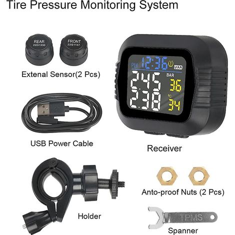 Système de surveillance de la pression des pneus (TPMS) pour moto avec alarme de température et 2 capteurs externes. Alarme de pression des pneus en temps réel. (1/5)