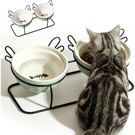 Elevated Dog Bowl Set of 2 140-150ml 26 x 12 x 9 cm Raised Double Bowl for Cats Small Pets with Black Metal Frame Green Ceramic Bowls (1/5)