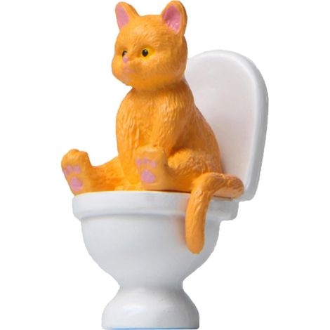 Statue en résine Chat assis sur toilettes, décoration miniature animal, sculpture ornement jaune, figurine décor intérieure (1/4)