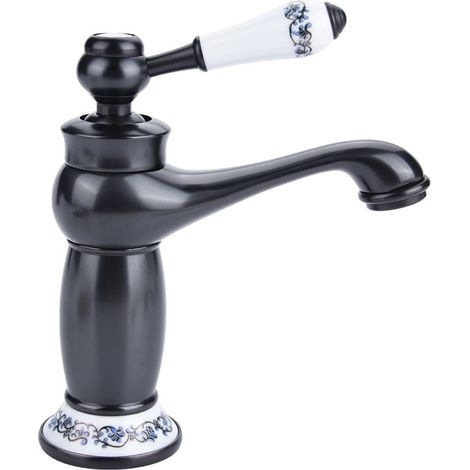 Robinet de lavabo rétro en laiton et céramique, style antique vintage, mitigeur eau chaude/froide, remplacement de robinet décoratif compatible cuisine et salle de bain, noir (1/5)
