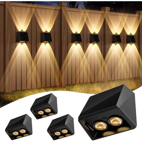 Applique Murale Exterieur Solaire Lot de 4, IP44 Étanche Applique Solaire Exterieur avec 11 Modes, Blanc Chaud & Blanc Froid & Multicolore, Outdoor Solar Light pour Jardin, Murale, Terrasse (1/5)