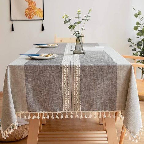 Nappe en lin et coton antitache avec pompons brodés pour la décoration de buffet de cuisine (140 cm) (1/5)