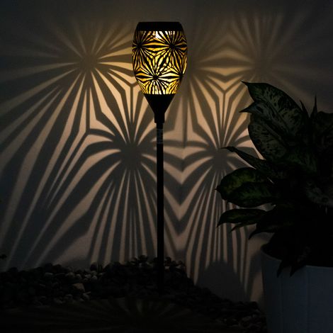 Solarlampe schwarz Außenleuchte modern Steckleuchte Gartendeko, Terrassenlampe Dekorstanzungen Erdspieß, Metall gold, 1x LED warmweiß, DxH 11x58 cm