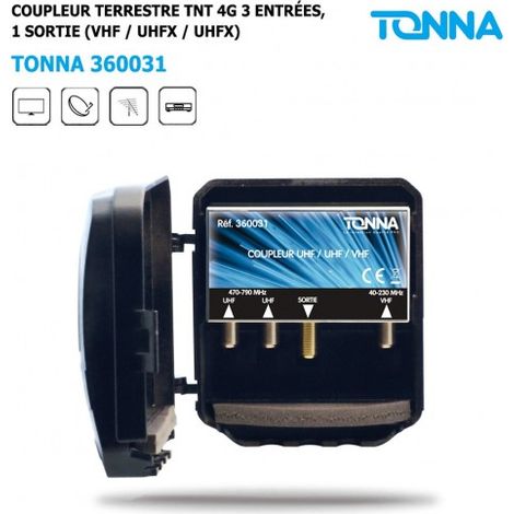 Coupleur terrestre TNT 3 entrées 1 sortie – Filtre 4G pour protection contre perturbations – Connecteurs F 470/800 MHz intérieur – ME