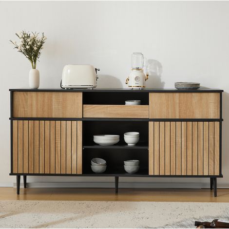 Buffet 160x40x80 cm en panneaux de bois noir et naturel, avec rangement pour salon FloraGrace (1/5)