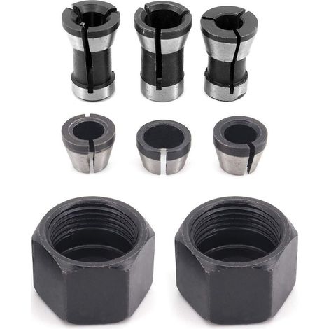Juego de 6 cabezales de mandril HSS, 6 mm, 6,35 mm, 8 mm. Adaptador convertidor para taladros, máquinas de grabado, recortadoras de madera, soporte de sujeción para fresadora eléctrica + 2 tuercas. (1/5)
