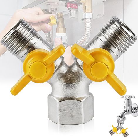 Replacement Valve G 1/2 Brass Y Connector, 3 Way Y Dispenser with 2 Stop Coils, Y Shower Adapter for Washing Machine, Bathroom, Kitchen, Garden Hose (1/5)
