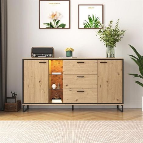 Meuble de rangement - Bois d'origine - 2 portes - 3 tiroirs - Éclairage LED - 160 cm (1/5)