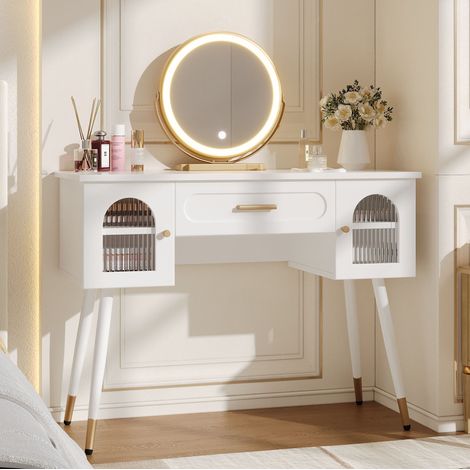 Tocador LED con espejo, 1 cajón y 2 puertas, 100 x 42 x 112 cm, blanco y dorado (1/5)