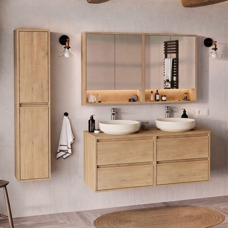 Ensemble meuble double vasque 120cm colonne et armoires miroir Edmé Bois (1/5)