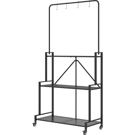 Support pour Plantes à 3 Niveaux avec Roulettes, Étagère à Fleurs Pliable en Métal avec 4 Crochets, 84x40,5x174cm, Noir