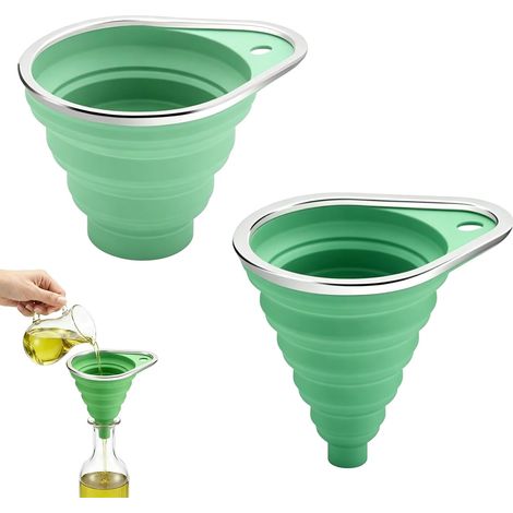 Lot de 2 entonnoirs Pliables en Silicone avec Bord en Acier Inoxydable – Grand et Petit Entonnoir Cuisine pour Bouteilles, bocaux, ingrédients liquides et secs (1/5)