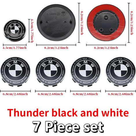 (45-82(3)-82-68x4, Chine continentale) - Convient pour BMW : logo Thunder noir et blanc, emblème de capot avant, badge arrière, cache-moyeu de roue, autocollant de volant (1/5)