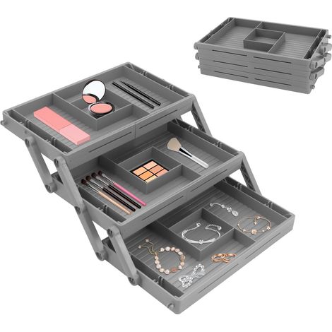 Organiseur de tiroir à 3 niveaux, organiseur de tiroir pliable et extensible, organiseur de tiroir de maquillage pour maquillage, bijoux, fournitures de bureau (1/5)