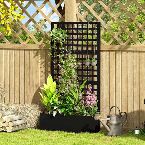 Jardinière avec Treillis Brise-Vue - Lit Surélevé Acier Galvanisé 89x40x178cm Noir (Plantes Grimpantes)