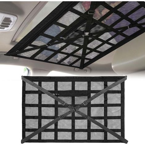 Filet de Rangement pour Toit Voiture, avec Sangles Croisées Réglables, Poches Zippées Indépendantes, 78 × 53cm Filet Rangement Double Couche en Maille, Max 8kg, pour Voiture SUV Van Plafond (1/5)