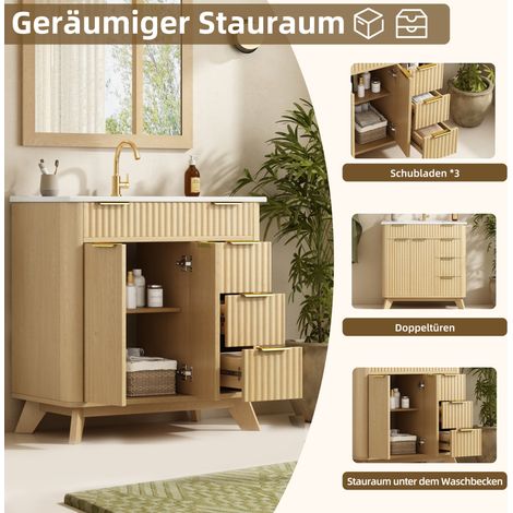 Waschtischunterschrank 81x47x90 cm MDF/Keramik natur, 3 Schubladen, platzsparend – MEUBLIV (1/5)