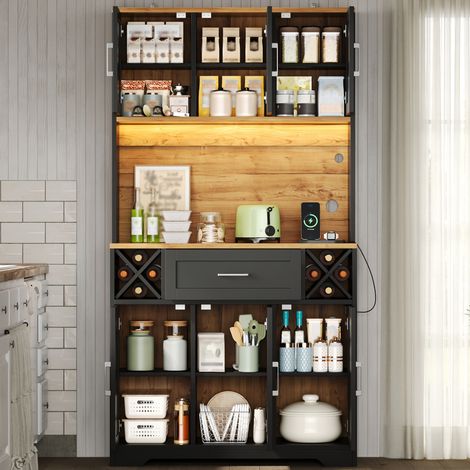 Meuble de rangement haut avec éclairage LED, armoire de cuisine avec étagères à vin, buffet vitré pour salon et salle à manger, 180 × 105 × 40 cm (1/5)