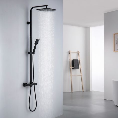 Duschsystem mit Thermostat, Duschset mit Quadrat Kopfbrause, Handbrause, Regendusche Höhenverstellbar, Duschsäule Schwarz, mit Anti-Verbrühung-Duschsystem (1/10)