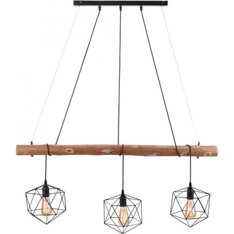 Hängeleuchte Pendellampe Esstischleuchte Wohnzimmerlampe Deckenleuchte, Metall schwarz Holz braun Gitterschirme, 3 Flammig E27, H 120 cm