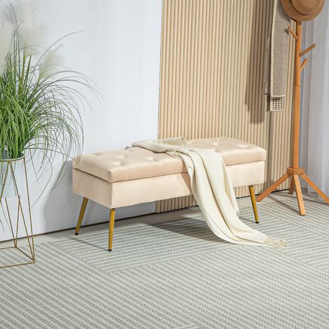 Banc de rangement aspect velours, repose-pieds capitonné, structure en métal, 102 x 35 x 43 cm, beige (1/5)